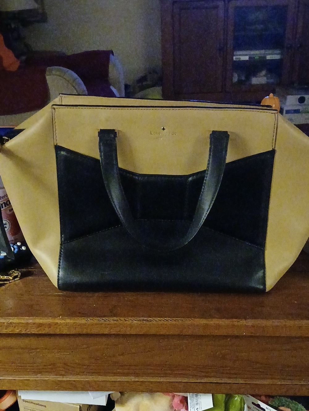 Kate Spade PXRU4458 Black & Beige Colorblock Leather Tote W/Bow Detail EUC